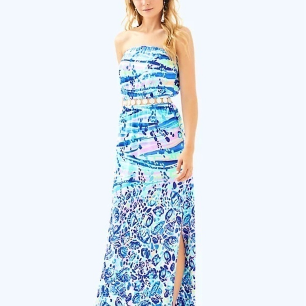 Lilly Pulitzer Mika Strapless Dress Blue Current Chasing Waves